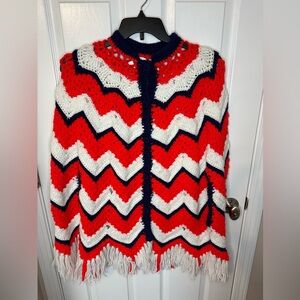 Vintage 1970s Handmade Red, White, & Blue Chevron Knit Poncho Fringe Hippie